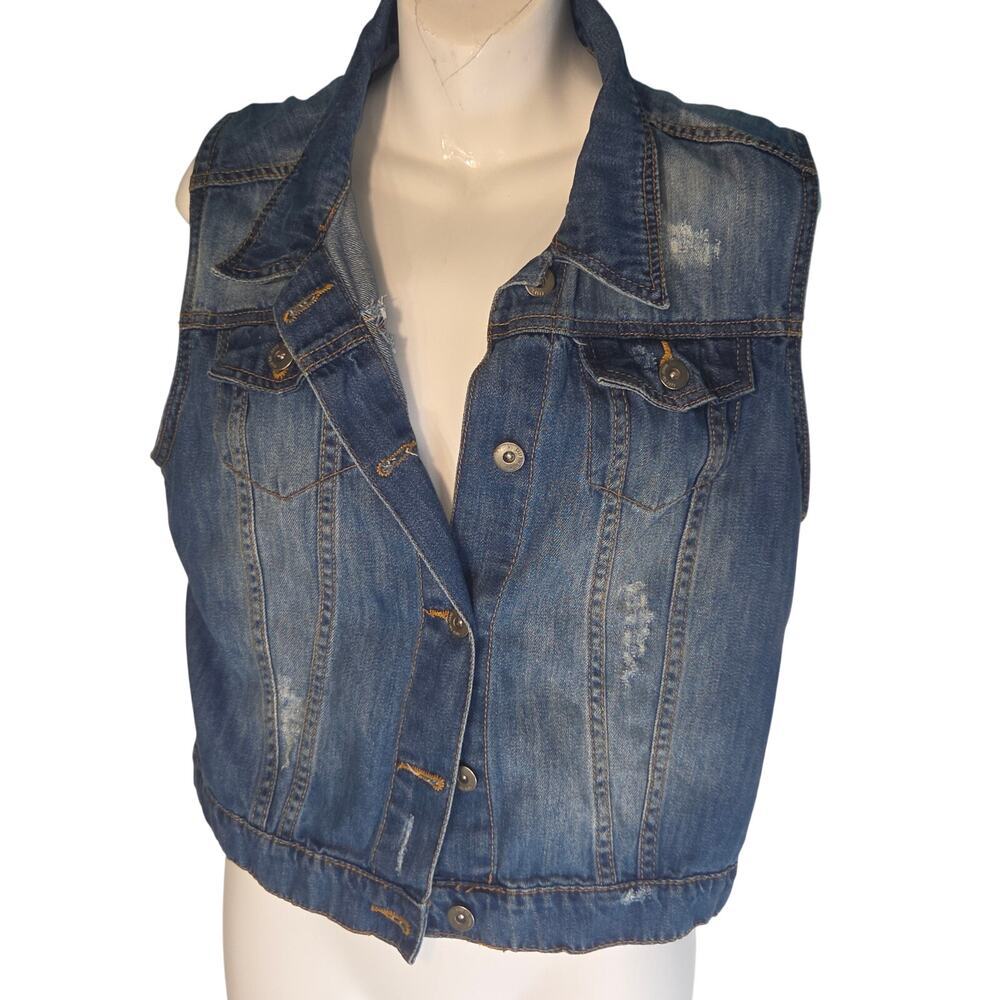 Distressed Blue Denim Vest Button Up Jean Sleeveless Jacket Medium Wash